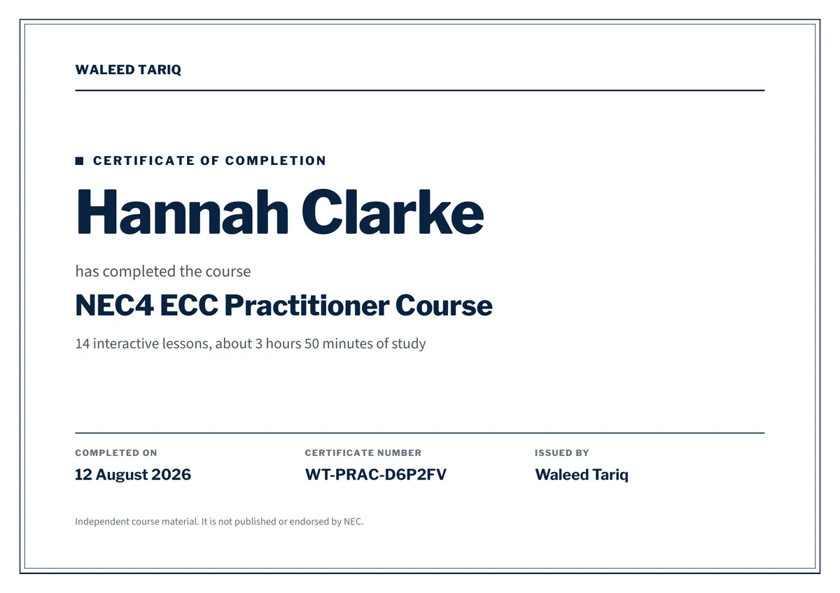 A certificate of completion for the NEC4 ECC Practitioner Course
