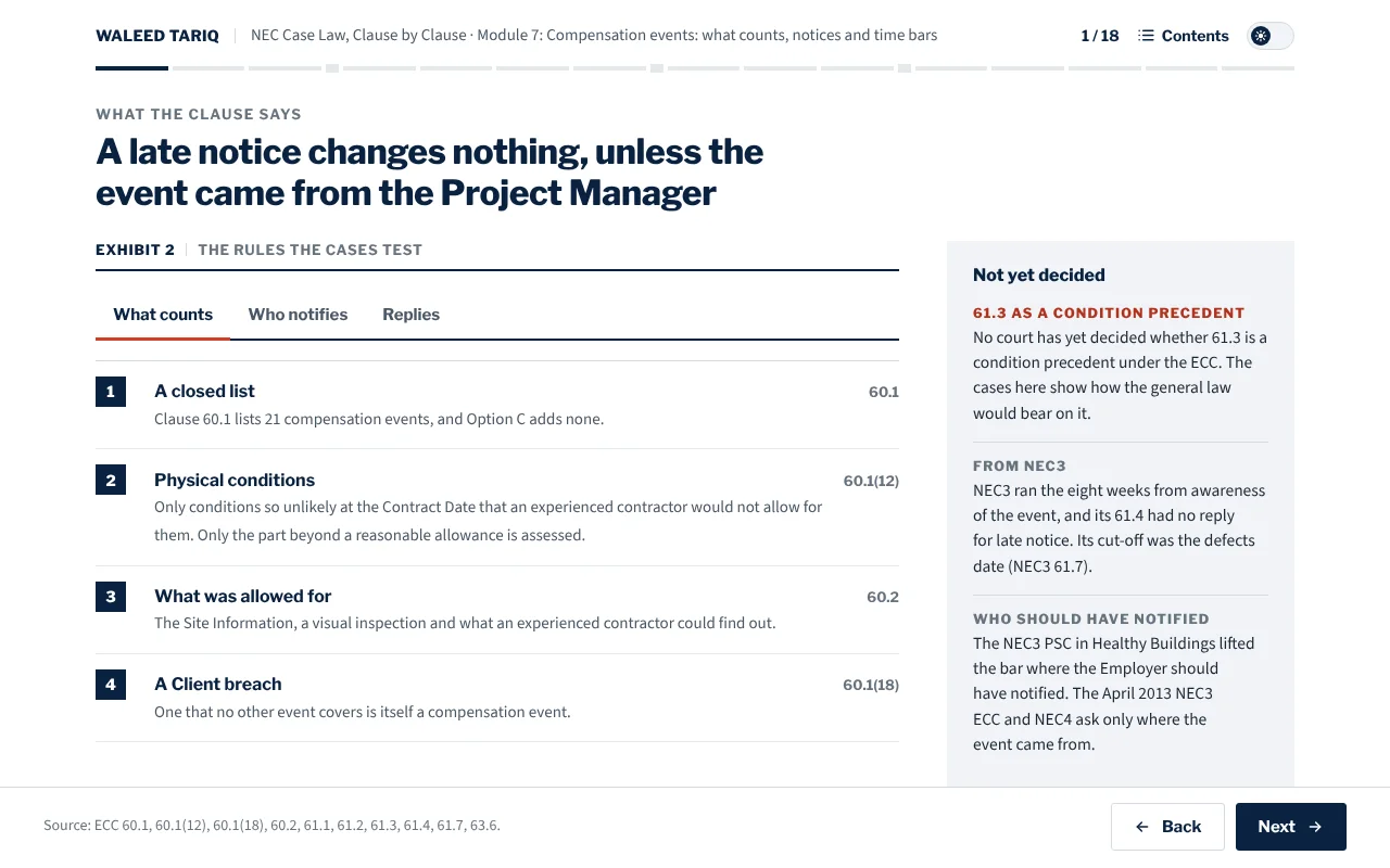 A lesson screen on the rules the cases test