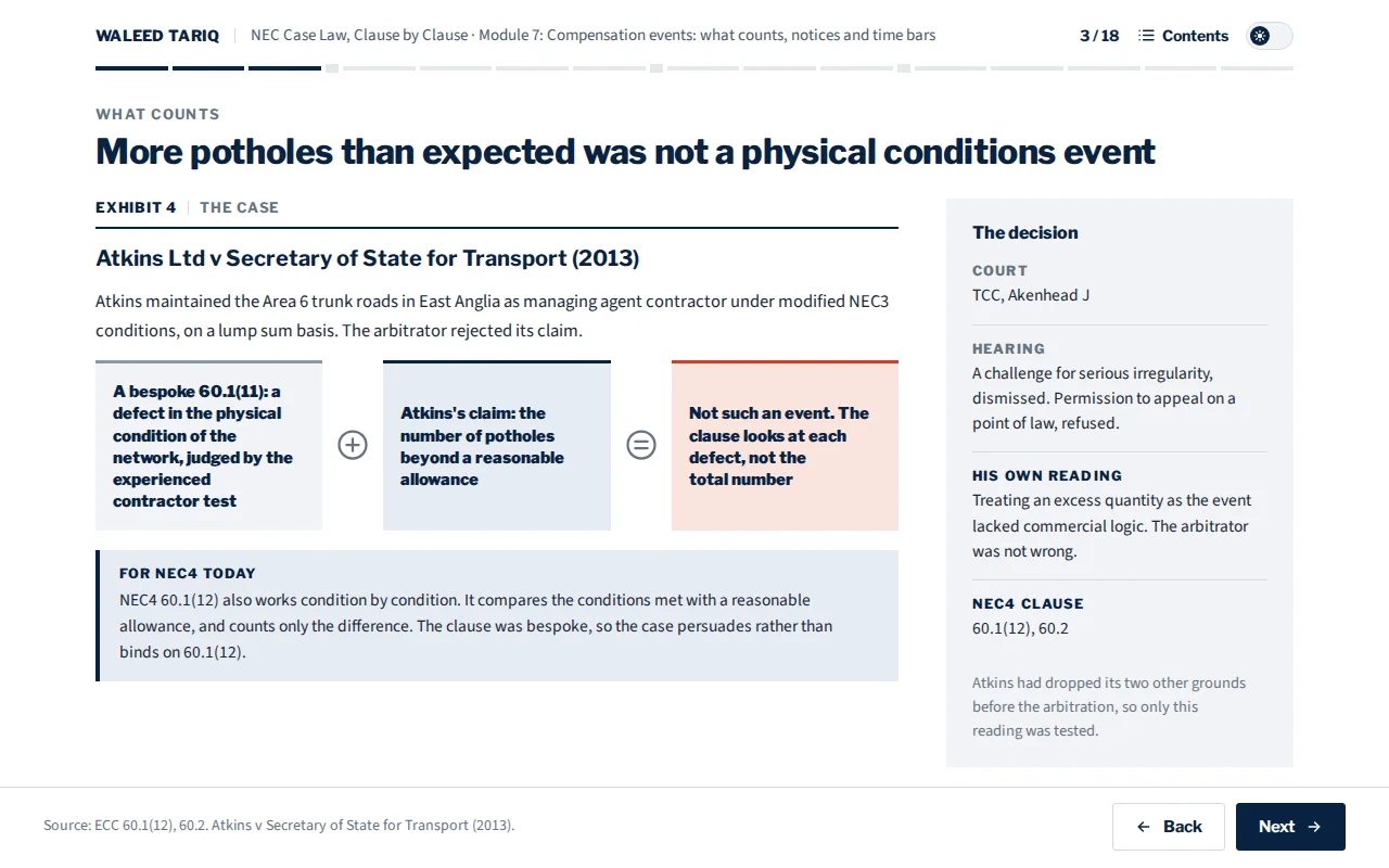 A case law lesson screen